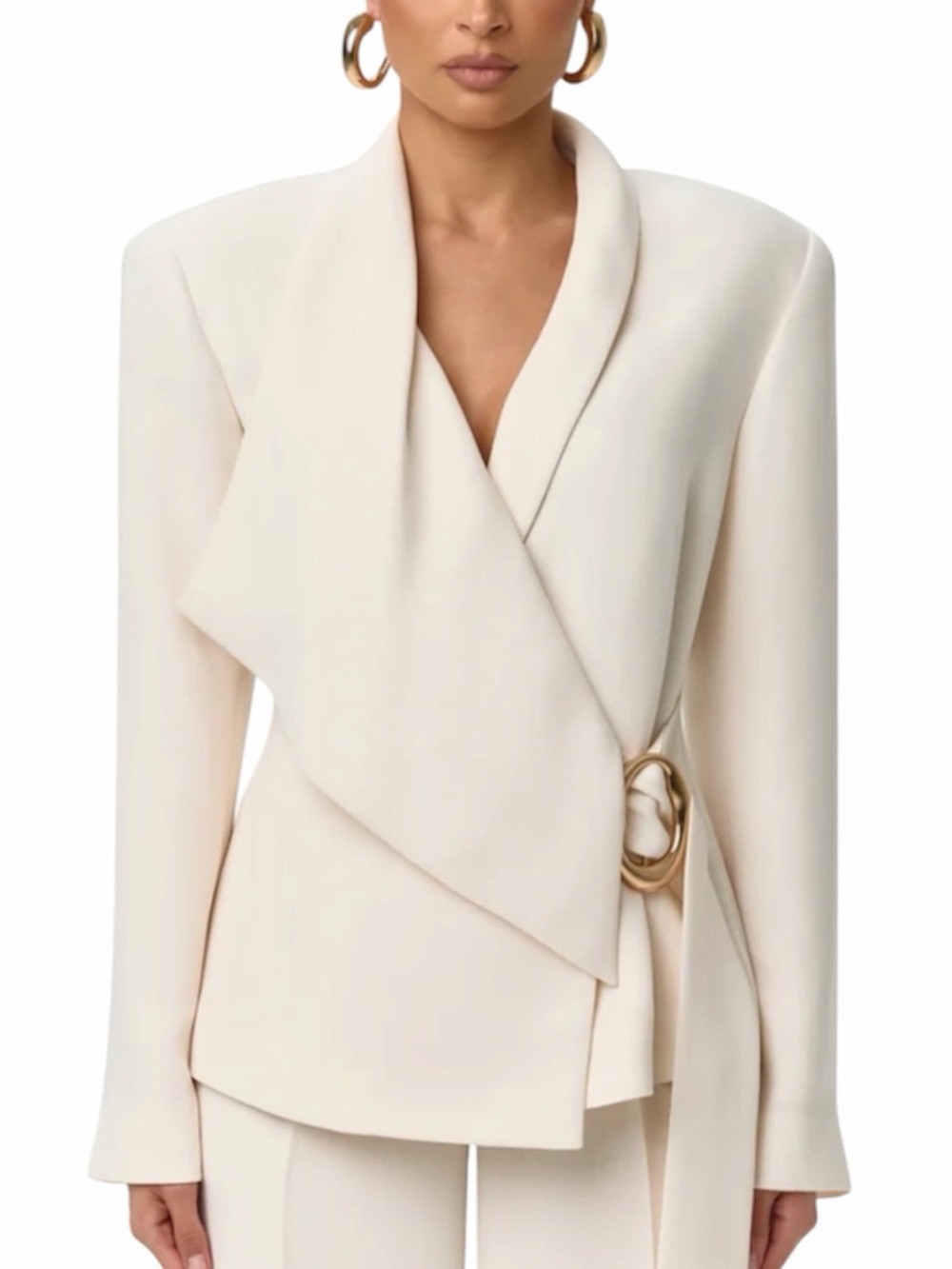 Naked Wardrobe Cream Suited Belted Long Sleeve ASYMMETRIC WRAP BLAZER SZ: XS